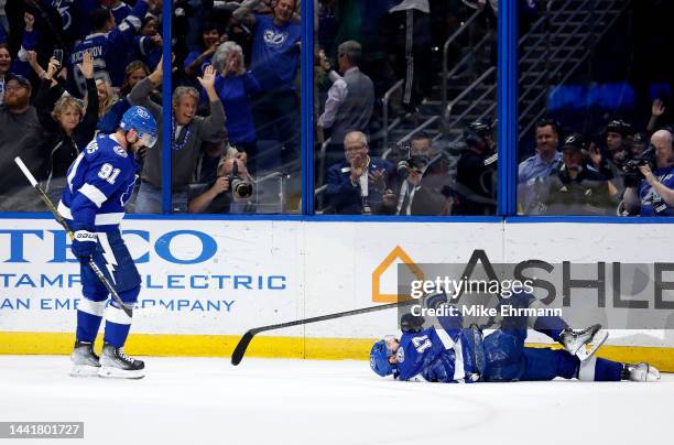 Alex Killorn of the Tampa Bay Lightning celebrates a gane winning goal in overtime during a game against the Dallas Stars at Amalie Arena on November...