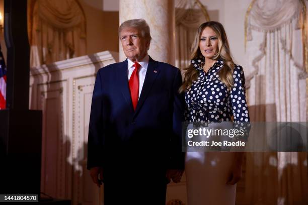 Former U.S. President Donald Trump and former first lady Melania Trump arrive for an event at his Mar-a-Lago home on November 15, 2022 in Palm Beach,...