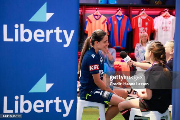 Alex Chidiac of Melbourne Victory is interviewed during the A-League Women's 2022-23 Season Launch at Ultra Football on November 16, 2022 in Sydney,...