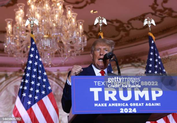 Former U.S. President Donald Trump speaks during an event at his Mar-a-Lago home on November 15, 2022 in Palm Beach, Florida. Trump announced that he...