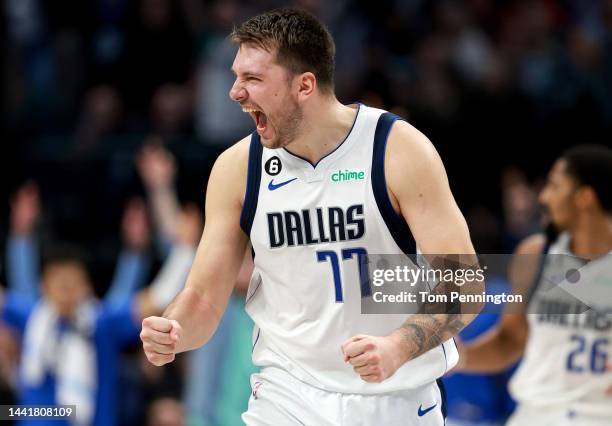 Luka Doncic of the Dallas Mavericks celebrates after Spencer Dinwiddie of the Dallas Mavericks hits a three-point shot against the LA Clippers in the...