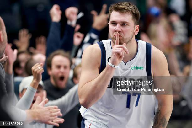 Luka Doncic of the Dallas Mavericks celebrates after hitting a three-point shot against the LA Clippers late in the fourth quarter against the LA...