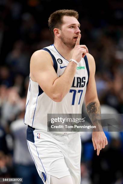 Luka Doncic of the Dallas Mavericks celebrates after hitting a three-point shot against the LA Clippers late in the fourth quarter against the LA...