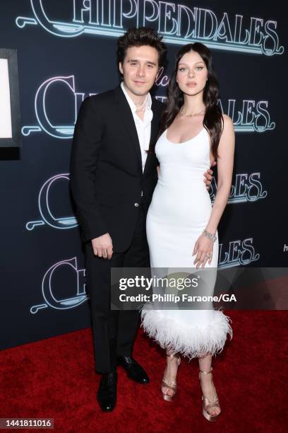 Brooklyn Beckham and Nicola Peltz attend the Los Angeles premiere of Hulu's "Welcome to Chippendales" at Pacific Design Center on November 15, 2022...