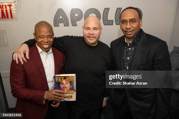 New York Mayor Eric Adams, Fat Joe and Stephen A. Smith backstage during "In Conversation with Fat Joe" at The Apollo Theater on November 15, 2022 in...