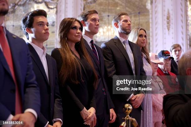 Kimberly Guilfoyle, Jared Kushner, Eric Trump, and Laura Trump listen as former U.S. President Donald Trump speaks during an event at his Mar-a-Lago...