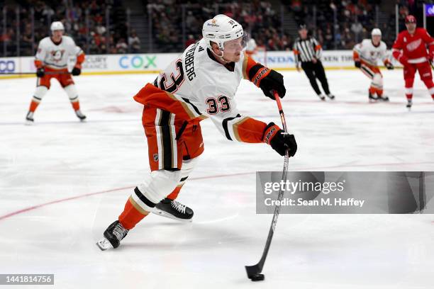 Jakob Silfverberg of the Anaheim Ducks shoots the puck during the second period of a game against the Detroit Red Wings at Honda Center on November...