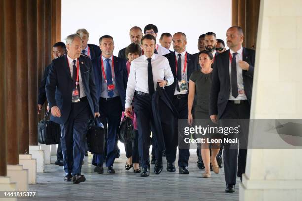 President Emmanuel Macron of France arrives ahead of an emergency meeting of leaders at the G20 summit following the overnight missile strike by a...