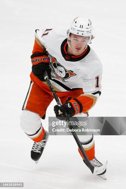 Trevor Zegras of the Anaheim Ducks skates on ice during the second period against the Detroit Red Wings at Honda Center on November 15, 2022 in...