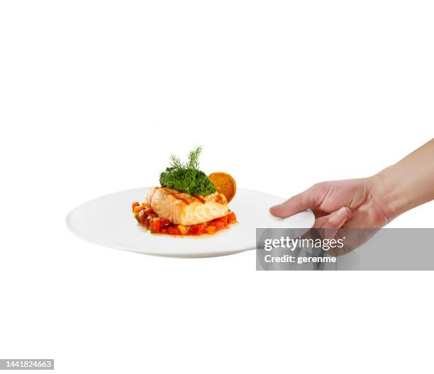 serving salmon fillet with sauce - plate in hand stockfoto's en -beelden