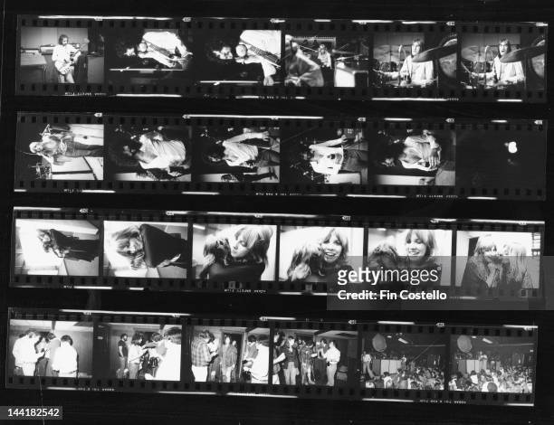 Contact sheet depicting British-American pop group Fleetwood Mac in the studio and on stage, New Haven, Connecticut, October 1975.