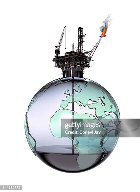 oil rig on globe crude oil texture - llandysul stock pictures, royalty-free photos & images