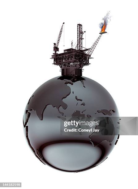 oil rig on globe crude oil texture - llandysul stock pictures, royalty-free photos & images