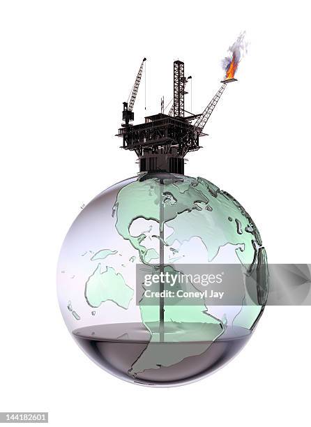 oil rig on globe crude oil texture - llandysul stock pictures, royalty-free photos & images