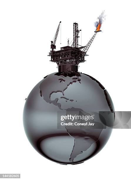 oil rig on globe crude oil texture - llandysul stock pictures, royalty-free photos & images