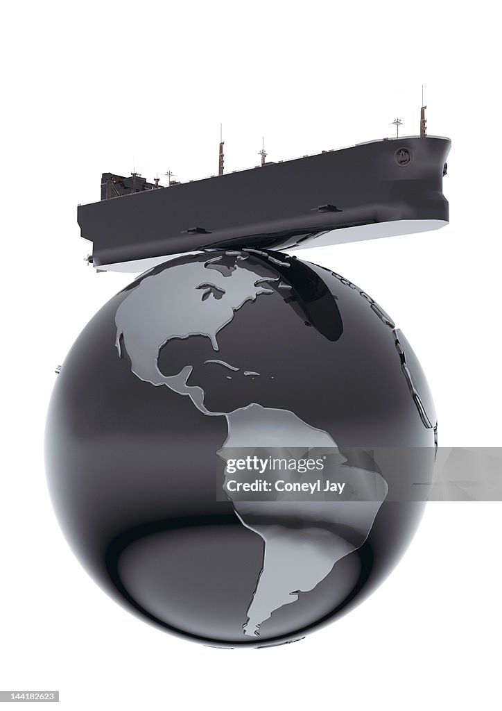 CGI oil tanker on globe with crude oil texture