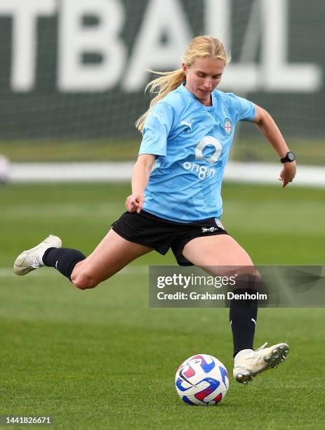 Kaitlyn Torpey of Melbourne City passes during a Melbourne City training session at Etihad City Football Academy Melbourne on November 16, 2022 in...