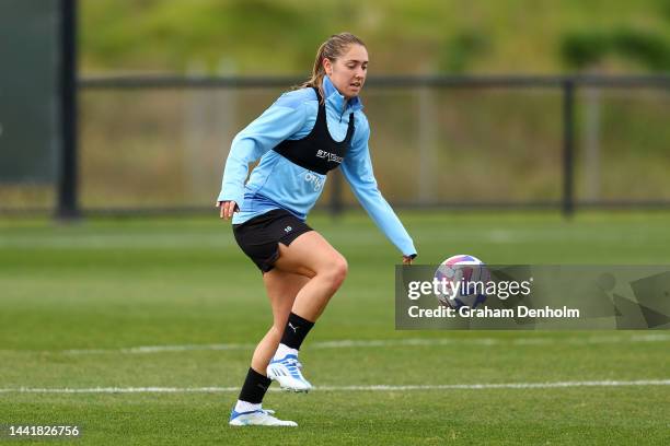 Karly Roestbakken of Melbourne City controls the ball during a Melbourne City training session at Etihad City Football Academy Melbourne on November...