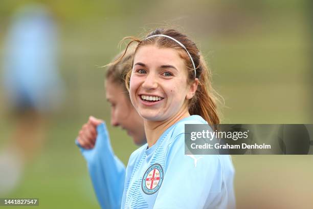 Chelsea Blissett of Melbourne City smiles during a Melbourne City training session at Etihad City Football Academy Melbourne on November 16, 2022 in...