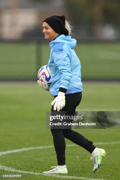 Melissa Barbieri of Melbourne City smiles during a Melbourne City training session at Etihad City Football Academy Melbourne on November 16, 2022 in...