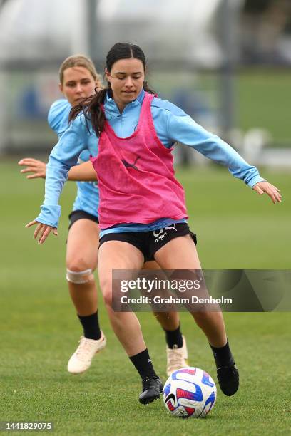 Darcey Malone of Melbourne City in action during a Melbourne City training session at Etihad City Football Academy Melbourne on November 16, 2022 in...