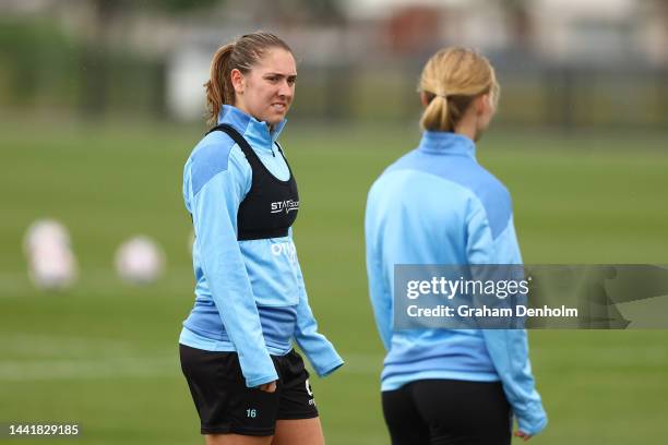 Karly Roestbakken of Melbourne City looks on during a Melbourne City training session at Etihad City Football Academy Melbourne on November 16, 2022...