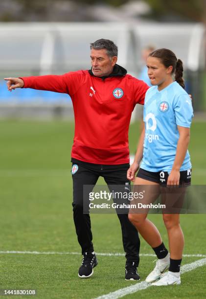 Manager Rado Vidosic of Melbourne City gives instructions during a Melbourne City training session at Etihad City Football Academy Melbourne on...