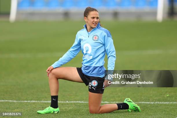 Daniela Galic of Melbourne City looks on during a Melbourne City training session at Etihad City Football Academy Melbourne on November 16, 2022 in...