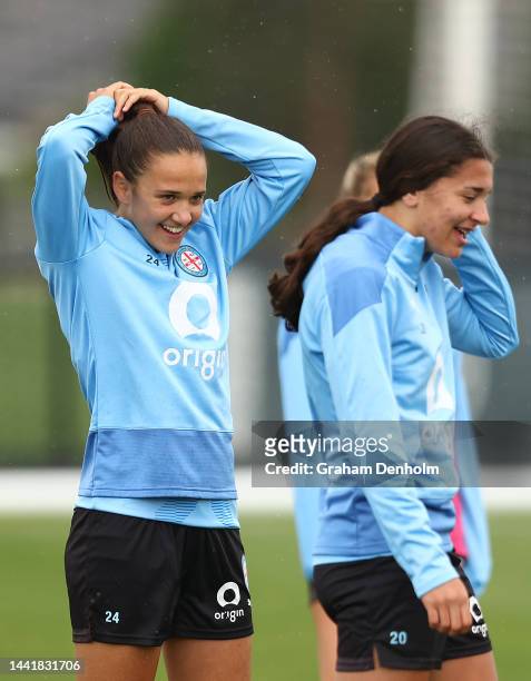 Daniela Galic of Melbourne City smiles during a Melbourne City training session at Etihad City Football Academy Melbourne on November 16, 2022 in...