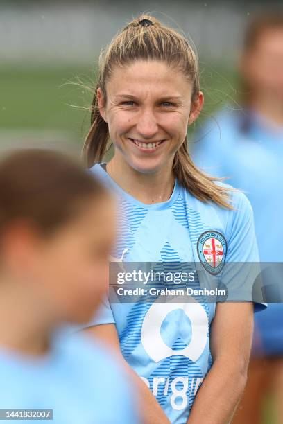 Leah Davidson of Melbourne City smiles during a Melbourne City training session at Etihad City Football Academy Melbourne on November 16, 2022 in...