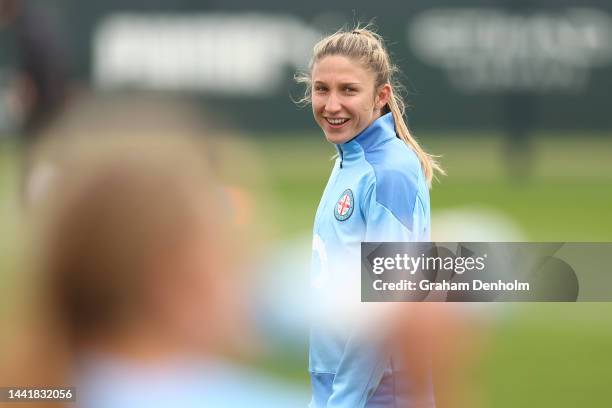 Leah Davidson of Melbourne City smiles during a Melbourne City training session at Etihad City Football Academy Melbourne on November 16, 2022 in...