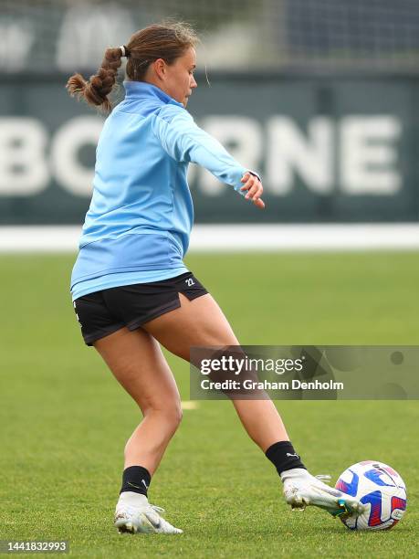 Bryleeh Henry of Melbourne City controls the ball during a Melbourne City training session at Etihad City Football Academy Melbourne on November 16,...