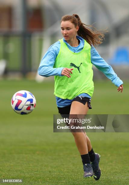 Emina Ekic of Melbourne City controls the ball during a Melbourne City training session at Etihad City Football Academy Melbourne on November 16,...