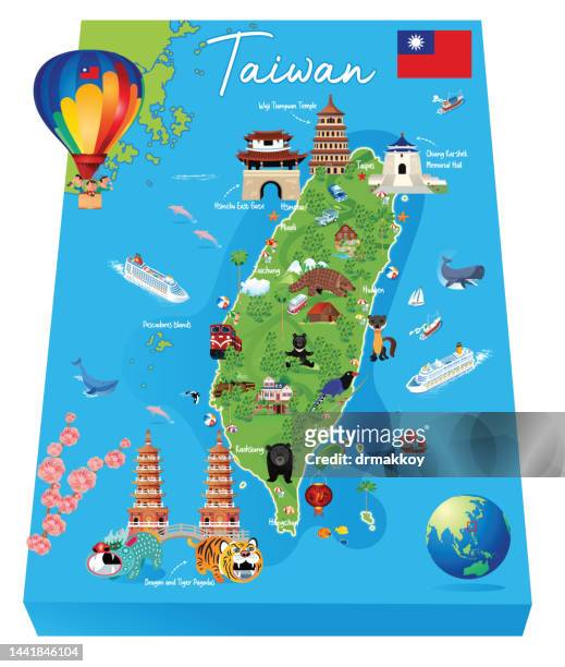 cartoon map of taiwan - taiwan flag stock illustrations