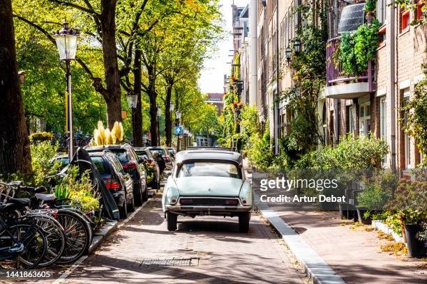 vintage car driving in the green and sunny jordaan low emissions zone in the amsterdam city. - amsterdam cityscape stock pictures, royalty-free photos & images