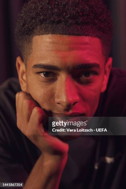 Jude Bellingham, player of Borussia Dortmund and the England national football team, poses for a portrait on October 12, 2022 in Dortmund, Germany.