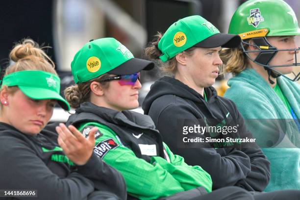 Melbourne Stars players look on during the Women's Big Bash League match between the Melbourne Stars and the Hobart Hurricanes at Latrobe Recreation...