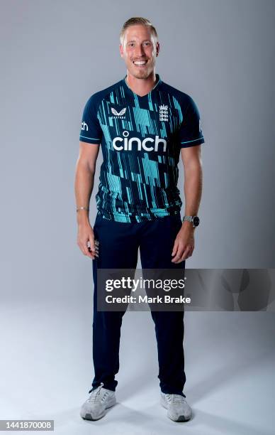 Luke Wood poses during the England ODI Cricket team headshots session at Pullman Adelaide on November 16, 2022 in Adelaide, Australia.