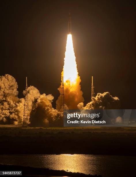 S Artemis I Space Launch System rocket, with the Orion capsule attached, launches at NASA's Kennedy Space Center on November 16, 2022 in Cape...