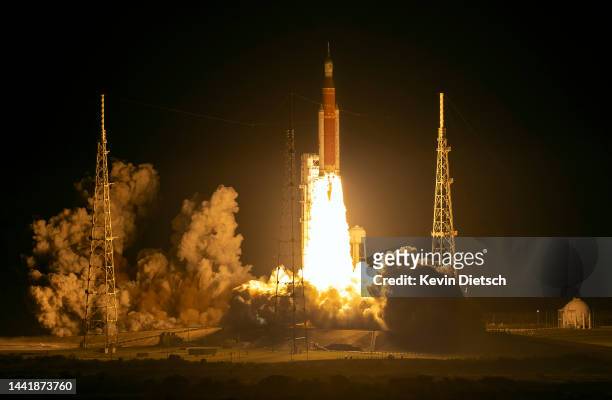S Artemis I Space Launch System rocket, with the Orion capsule attached, launches at NASA's Kennedy Space Center on November 16, 2022 in Cape...
