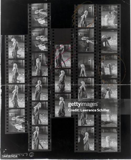 Contact sheet shows various photos of American actress Marilyn Monroe during the filming of the pool scene from 'Something's Got to Give' , Los...