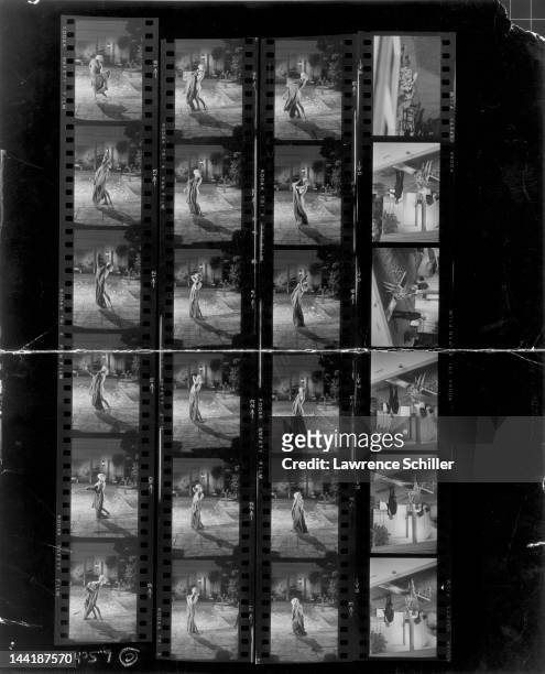 Contact sheet shows various photos of American actress Marilyn Monroe during the filming of the pool scene from 'Something's Got to Give' , Los...