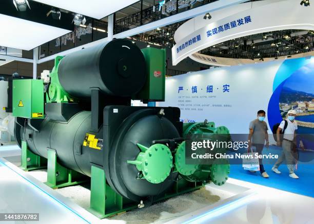 Gree's centrifugal water cooled chiller for nuclear power station is on display during the 24th China Hi-Tech Fair on November 15, 2022 in Shenzhen,...