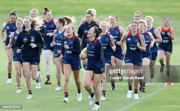 Najwa Allen leads the group during an Adelaide Crows AFLW training session at West Lakes on November 16, 2022 in Adelaide, Australia.