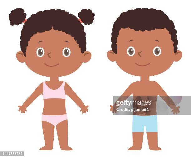african cute cartoon junge und mädchen körper - kids in undies stock-grafiken, -clipart, -cartoons und -symbole