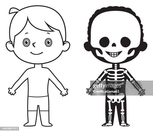 illustrazioni stock, clip art, cartoni animati e icone di tendenza di scheletro africano di litle boy - black white cartoon drawings