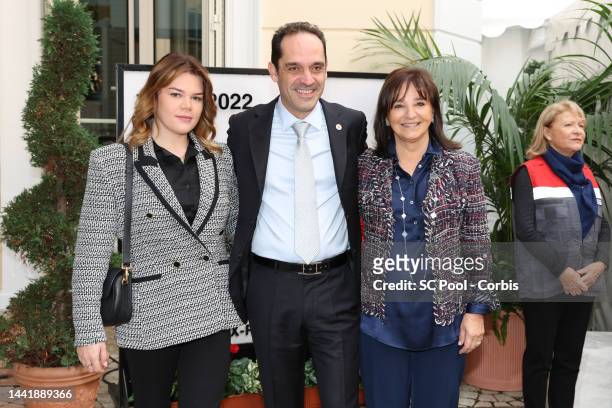 Camille Gottlieb, Frederic Platini and Bettina Ragazzoni attend the Red Cross Christmas Gifts Distribution at Monaco Palace on November 16, 2022 in...