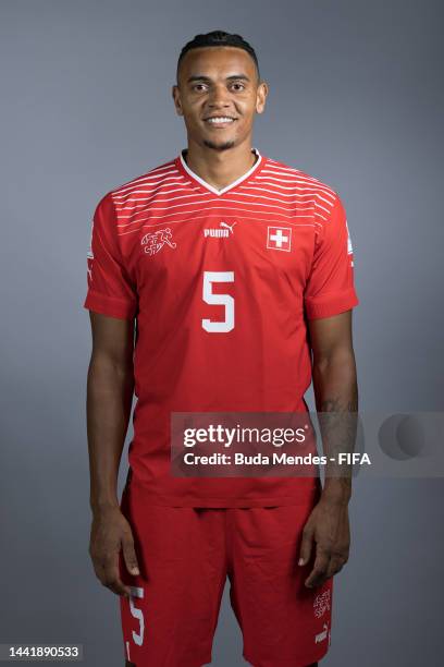 Manuel Akanji of Switzerland poses during the official FIFA World Cup Qatar 2022 portrait session on November 15, 2022 in Doha, Qatar.