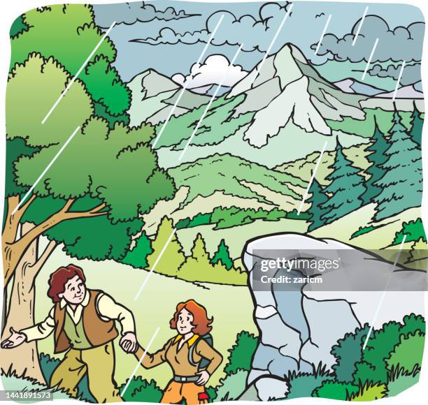 cloudy and rainy day. forest and mountains in the background. - mountain village stock illustrations