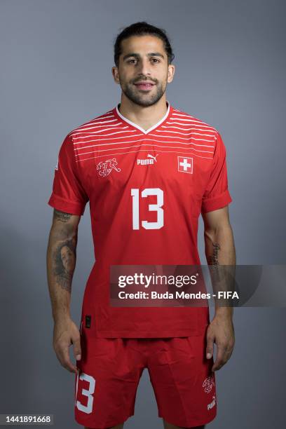 Ricardo Rodriguez of Switzerland poses during the official FIFA World Cup Qatar 2022 portrait session on November 15, 2022 in Doha, Qatar.
